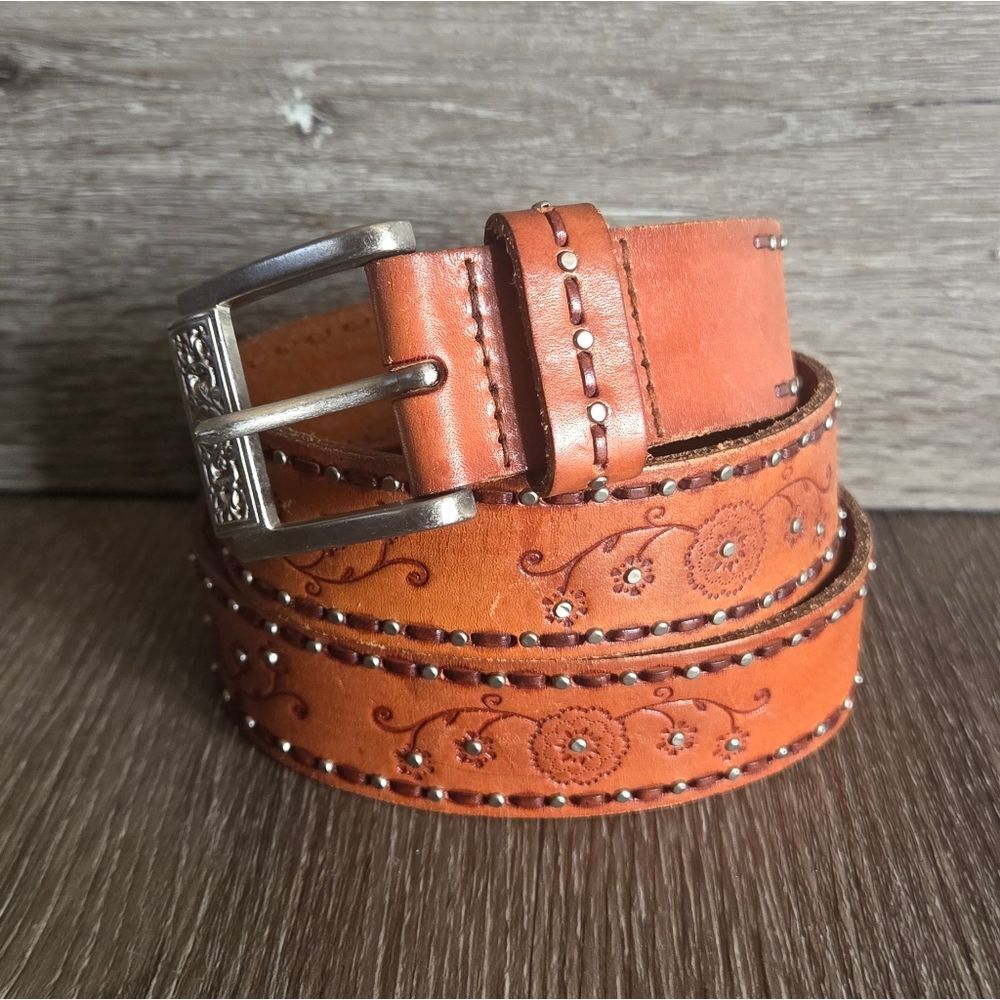 Amanda Smith Brown Leather Belt -Floral Tooling, Decorative Stitching & Studs XL